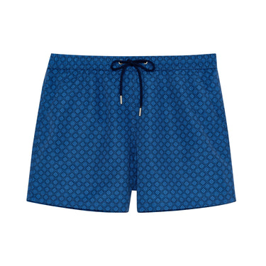 Blue patterned shorts with drawstring on a white background